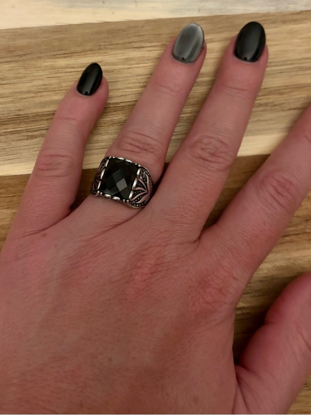 Vintage Black Faceted Statement Ring Silver Tone Boho Gothic Size 8